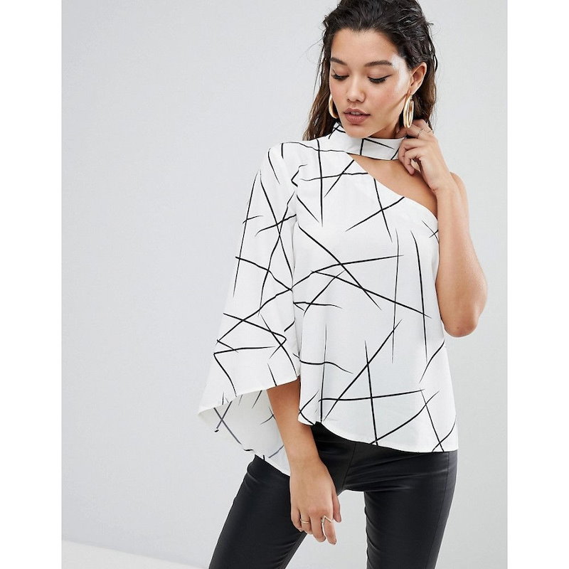 パラレルライン レディース トップス【Parallel Lines Asymmetric Top With High Neck In Abstract Print】Black/white パラレルライン レディース トップス【Parallel Lines Asymmetric Top With High Neck In Abstract Print】Black/white
