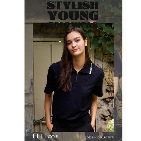 女性カラーポイント半袖型ハーフジップTシャツ6J65251 ブラックベージュ04_CC