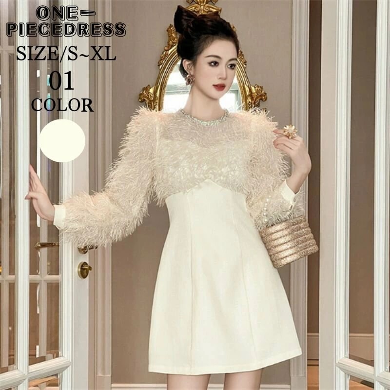 ファー付きワンピースドレス　ミニワンピース　aラインワンピース　切替セクシードレス　キャバドレス　パーティードレス　ナイトドレス　姫系　長袖　Vネックセクシー上品 大人 きれいめ スナック 結婚式 ド
