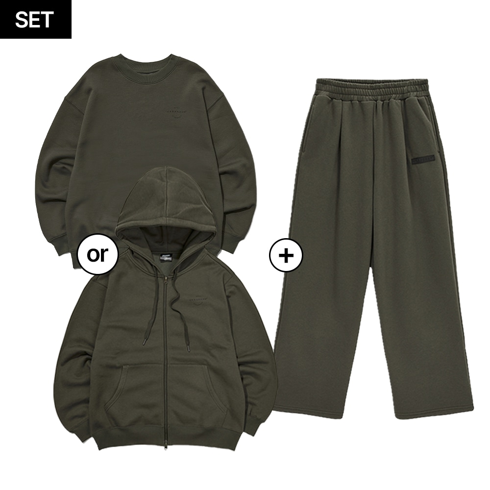 [SET] Daily standard sweatshirt or hooded zip-up Wide Pants (Khaki)