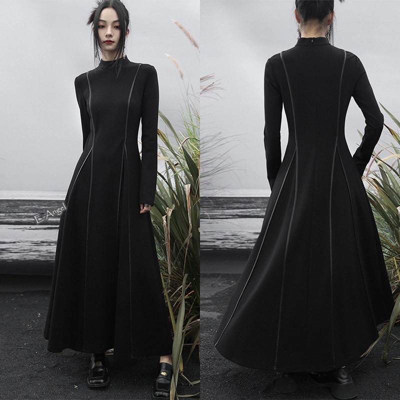 【快速出荷】スタンドカラー ワンピース ロング マキシ丈 Aライン PUライン入り 切り替え 黒 無地 かっこいい 暗黒系 卒業式 入学式 通勤