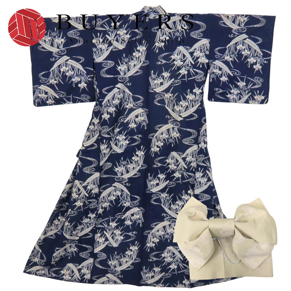 中古 浴衣 2点セット 作り帯 綿 ポリエステル ネイビー オフホワイト系 ホワイト 綿絽 変わり生地 シック 和装 呉服 和服 きもの レディース 女性