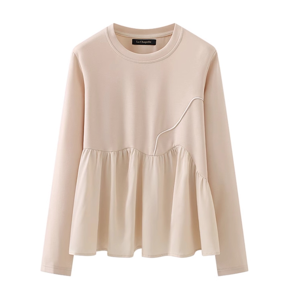 トップス ロンT カットソー レディース フレア ティアード 長袖 ラウンドネック クルーネック フレア セミフレア ペプラム Aライン フェミニン ウエストマーク 伸縮性 かわいい 大人可愛い