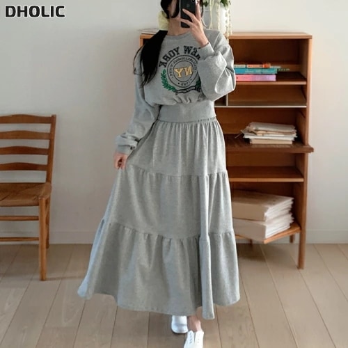 ラウンドネックティアードウエストゴムロングルーズ長袖セミクロップドレタリングプリントツーピース(トップスボトムス)スカートスウェット・1955147