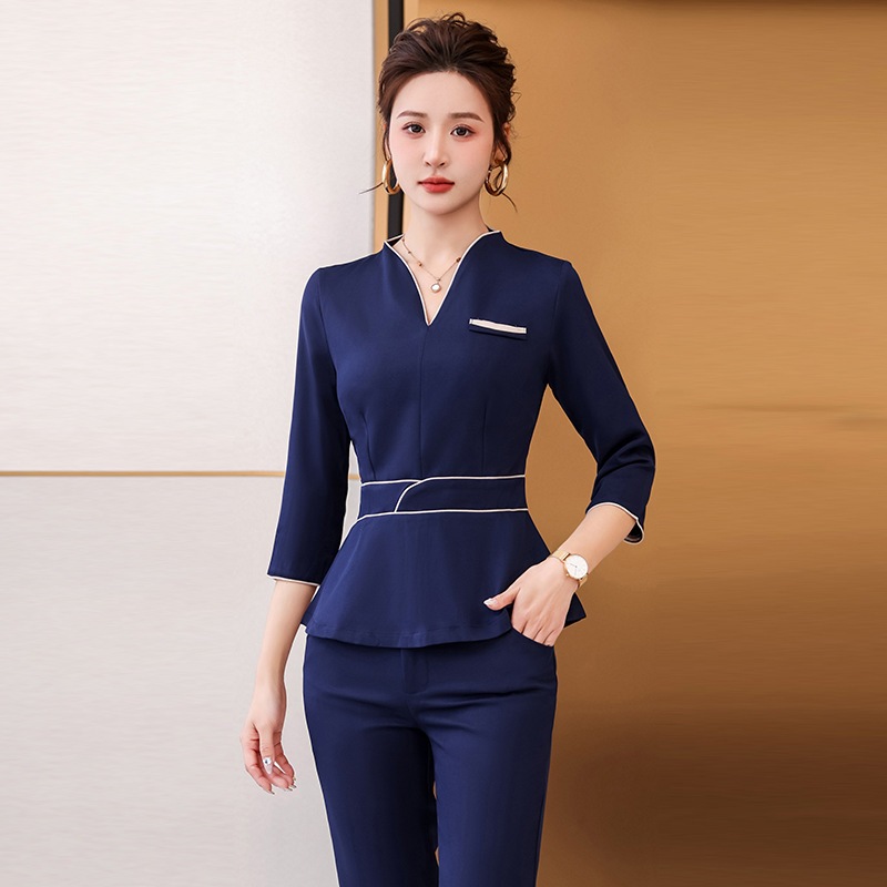 美容室作業服 女性用 厚手紺中袖パンツスーツ テクニシャンユニフォーム 美容技師 秋冬