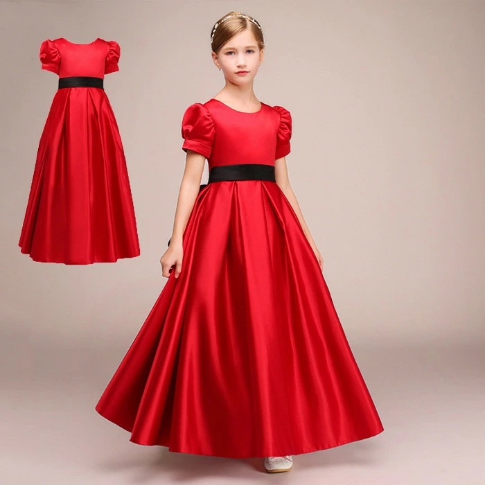 子供ドレス キッズドレス 女の子 パーティー フォーマル お姫様 ワンピース サテン生地 マキシ丈 フォーマルドレス ステージ衣装 ピアノ発表会 こどもドレス 結婚式 演奏会 レッド