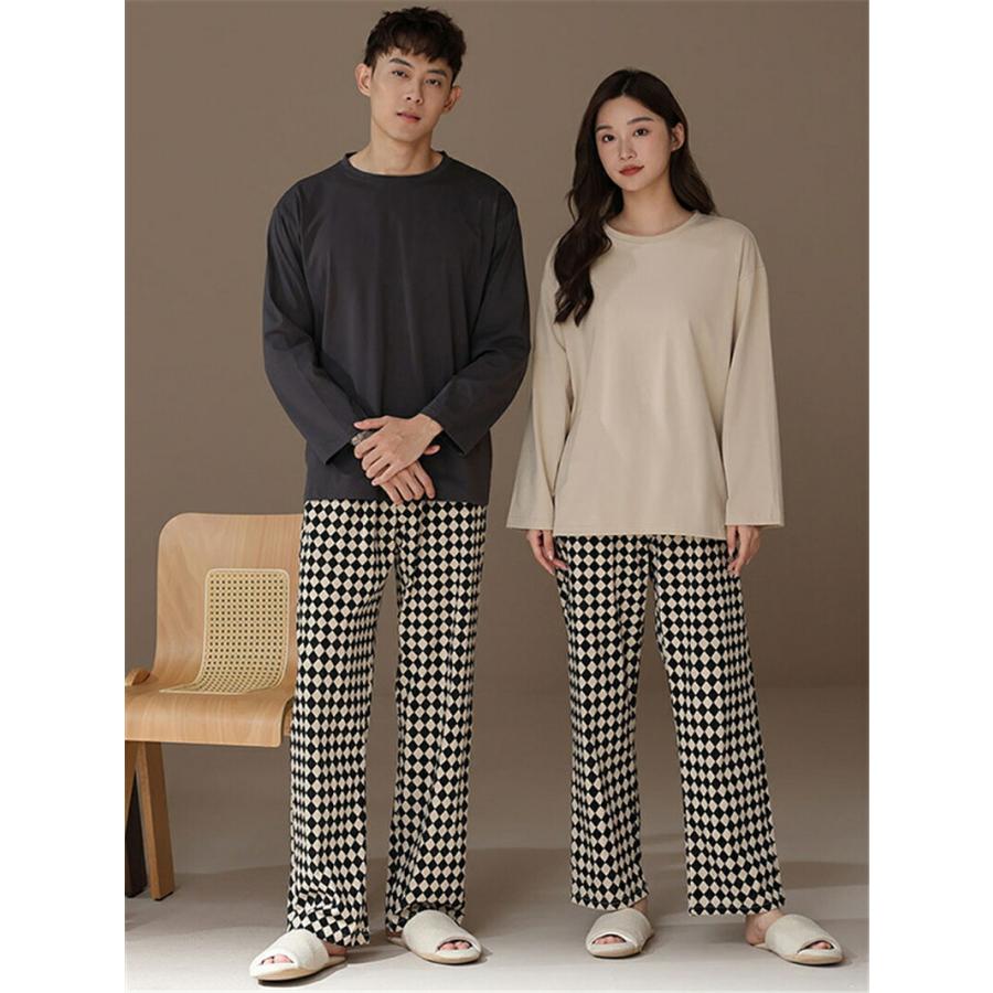 ペア パジャマ 長袖 男女2着 セット 綿100％ 無地 ゆったり uネック カップル 春 秋 チェック ルームウェア クルーネック 冬 コットン 上下セット871056
