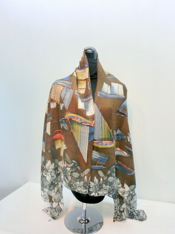 スカーフ ファッション小物 レディースファッション ヨット フラワー柄 プリント ビッグサイズ 薄め