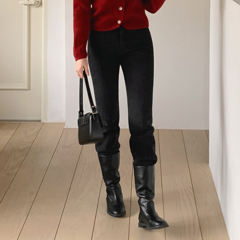 [tje0483] 韓国ファッション起毛ブーツカットデニムパンツ