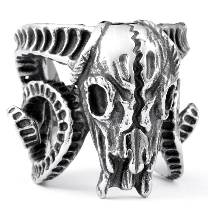 シープヘッドスカルステンレスリング（RAH017）サイズ/17号/26号/28号 フリーサイズ ヤギ 頭蓋骨 山羊 羊 ゴート 髑髏 ドクロ 骸骨 ガイコツ 指輪 r0409xxxxxxxx