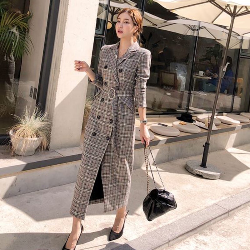 チェック柄 コート ダブルブレスト ウエストベルト ミドル丈 レディース スーツカラー a2310