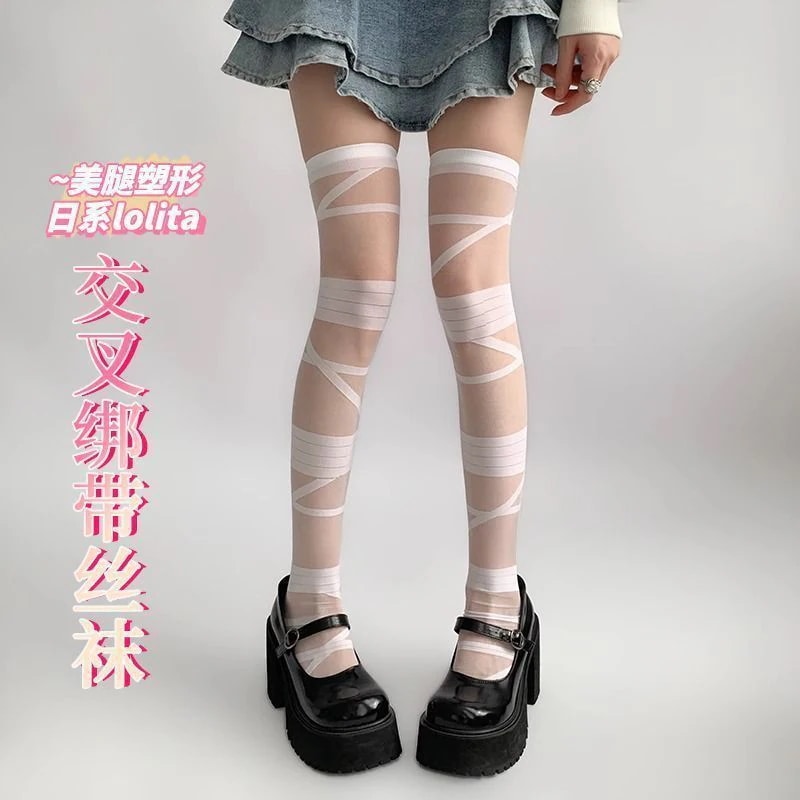 【1つ買うと10つ無料】2025ロリータストラップストッキングホワイトピュアソックスサブカルチャーロングブオーバーニーソックス黒と白の薄い絹のスタイル