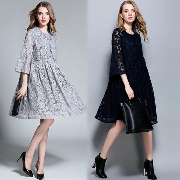 パーティードレス 総レース M-6L ネイビー グレー大きいサイズ 即納 結婚式 MD-D620967