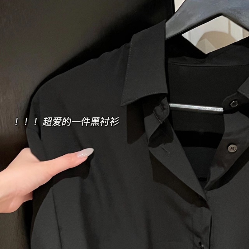 【1つ買うと10つ無料】女性のためのフルブラックシャツレトロなスタイルレイジーレイヤードハイエンドスタイルのホワイトシャツ