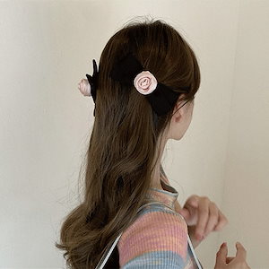 ローズモチーフリボンヘアクリップ2点セット　フラワーヘアクリップ　ヘアピン　レディースヘアアクセサリー　おしゃれ　大人可愛い　韓国ファッション