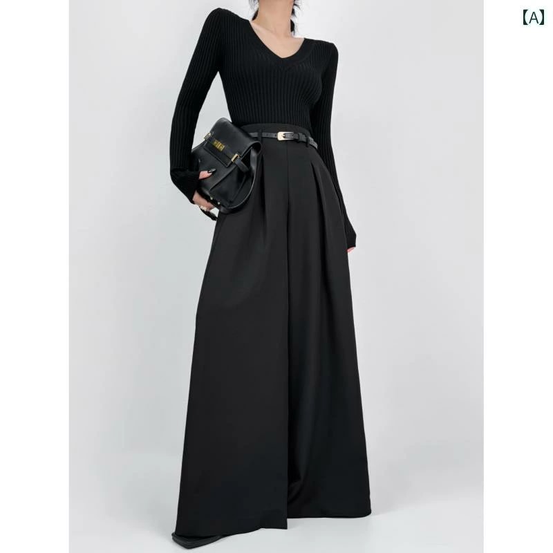 スラックス レディース ロング ハイウエスト ダブルプリーツ 女性用 カジュアル スーツパンツ 春 ドレープ ストレート ワイド レッグ フロア レングス パンツ