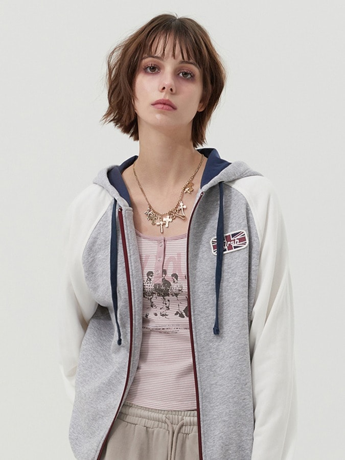COLOR BLOCK RAGLAN HOODIE ZIP UP [MELANGE GRAY]