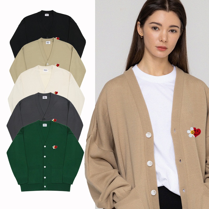 [UNISEX]Flower Heart Half Smile Embroidery Knit Cardigan_5color