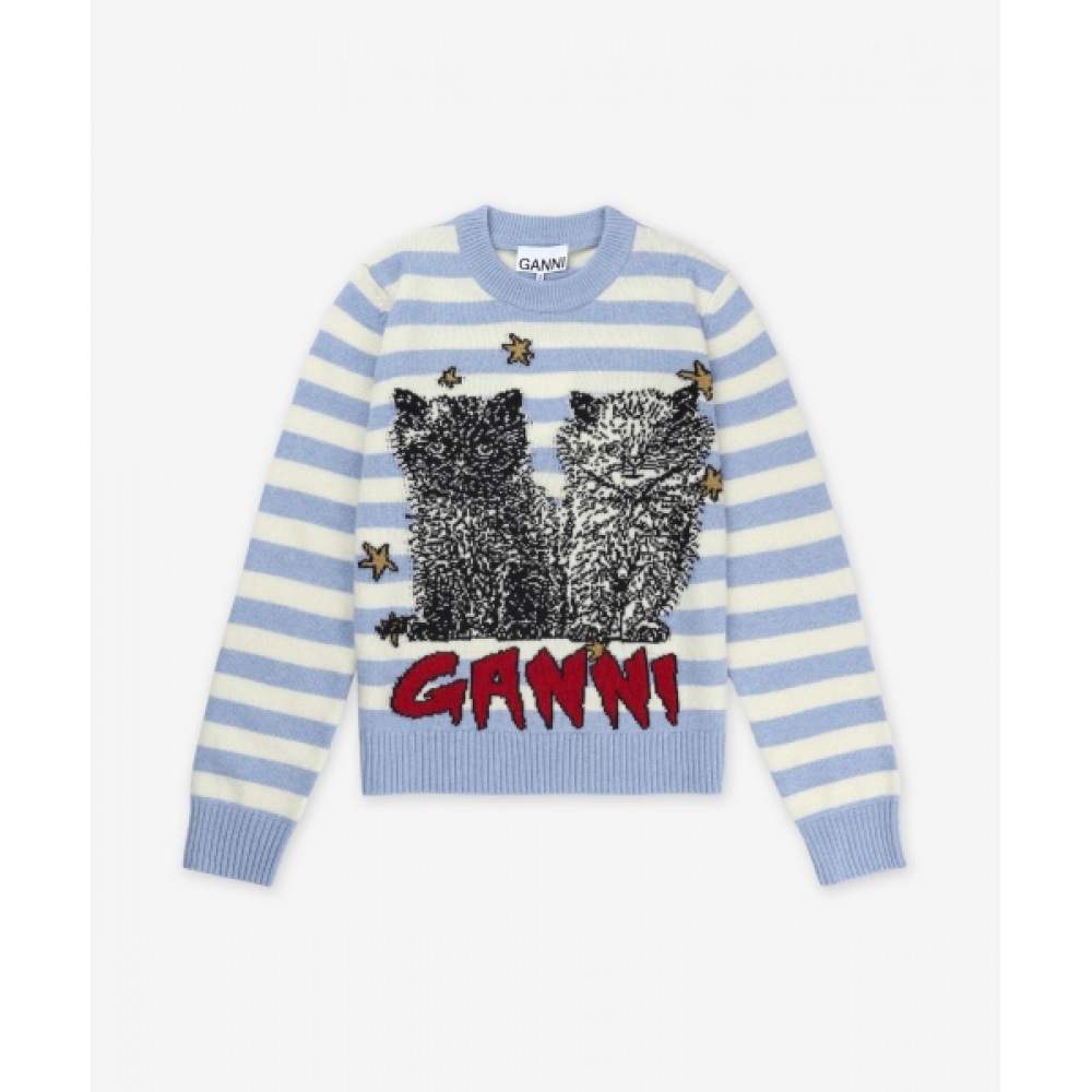 GANNI ストライプグラフィックウールミックスキャッツニット-イリュージョンブルー/K2369628 39,733円