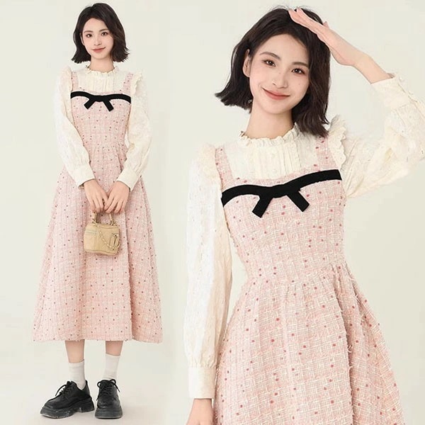 新品早く買いに来て ワンピース 長袖 ロング丈　可愛い 春 ニット ピンク Aライン レディース 柔らか お洒落 保温 通勤 普段着 デート ei249t2t2m3