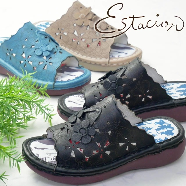 エスタシオン レディース サンダル パンチングフラワー本革サンダル 歩きやすい ローヒール 痛くない レザーシューズ オープントゥ コンフォートサンダル 履きやすい カジュアルシューズ MSE179