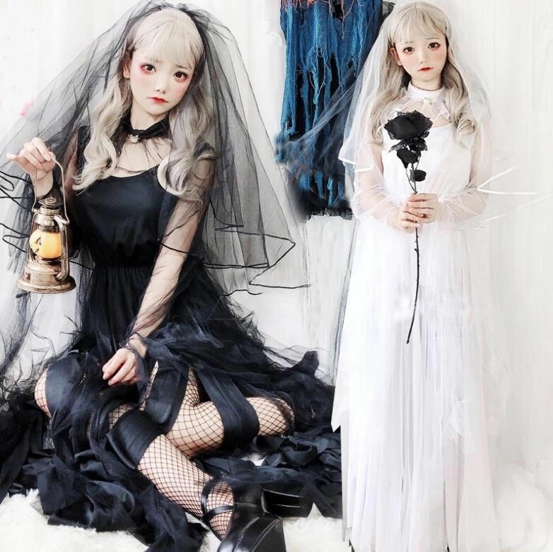 迅速な出荷 ハロウィン コスプレ ゾンビ 鬼花嫁 ロングドレス チュール ロング丈ワンピース レディース 魔女 悪魔 幽霊 吸血鬼 ヴァンパイア 仮装 変装 ベール＋ドレス＋首飾り 3点セット お姫系