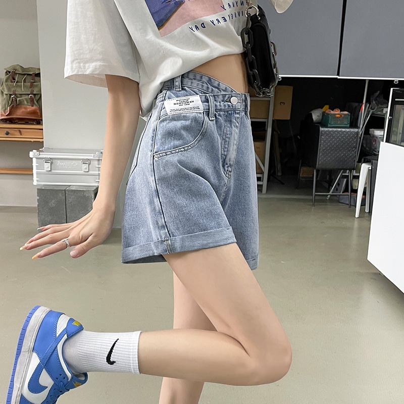 ウエストデニムショートパンツレディース夏痩せスタイル2024新作スリムホットガール小柄aラインワイドレッグホットパンツ