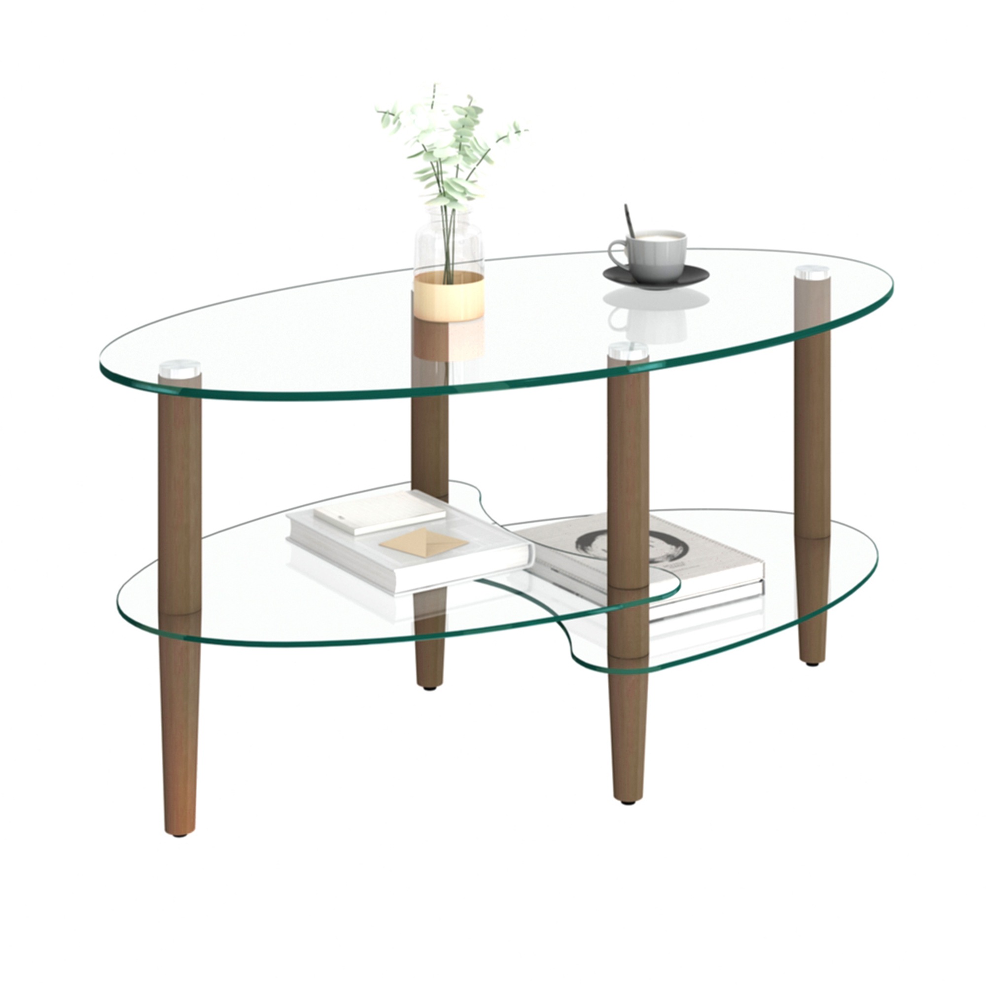 楕円形ガラスコーヒーテーブル 透明3段ガラス天板 オーク材脚 モダンリビングテーブル