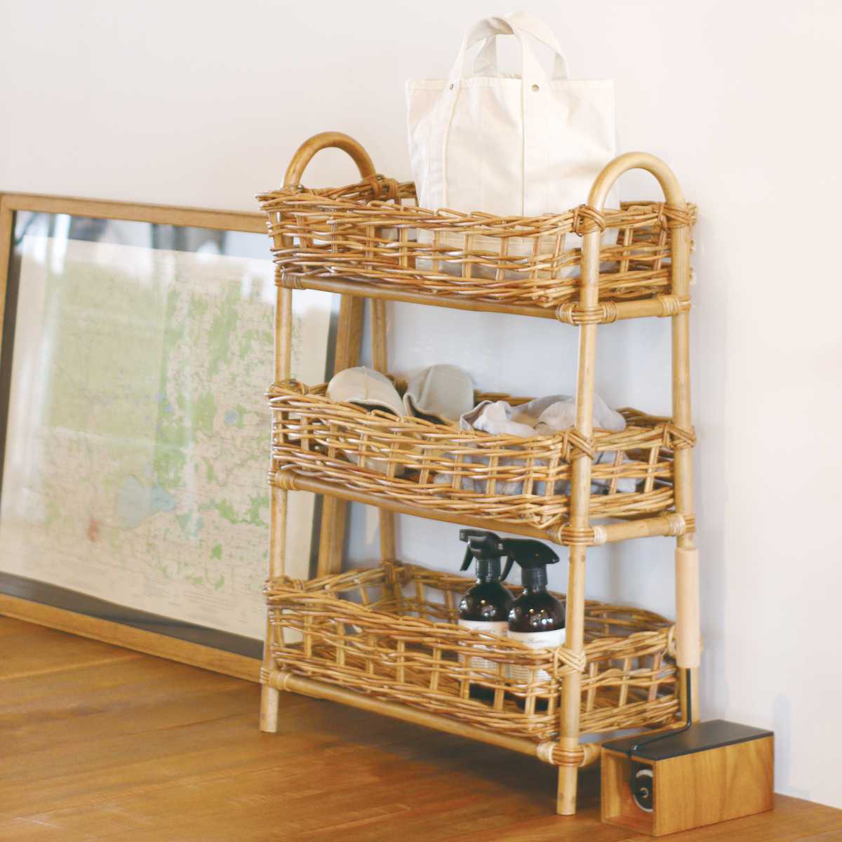 AROROG レクト３段バスケット ランドリーバスケット 高さ78cm ラタン アラログ 籐 ランドリー バスケット 3段 カゴ ラタン家具 ラック 収納 棚 リビング収納 洗面所 コンパクト