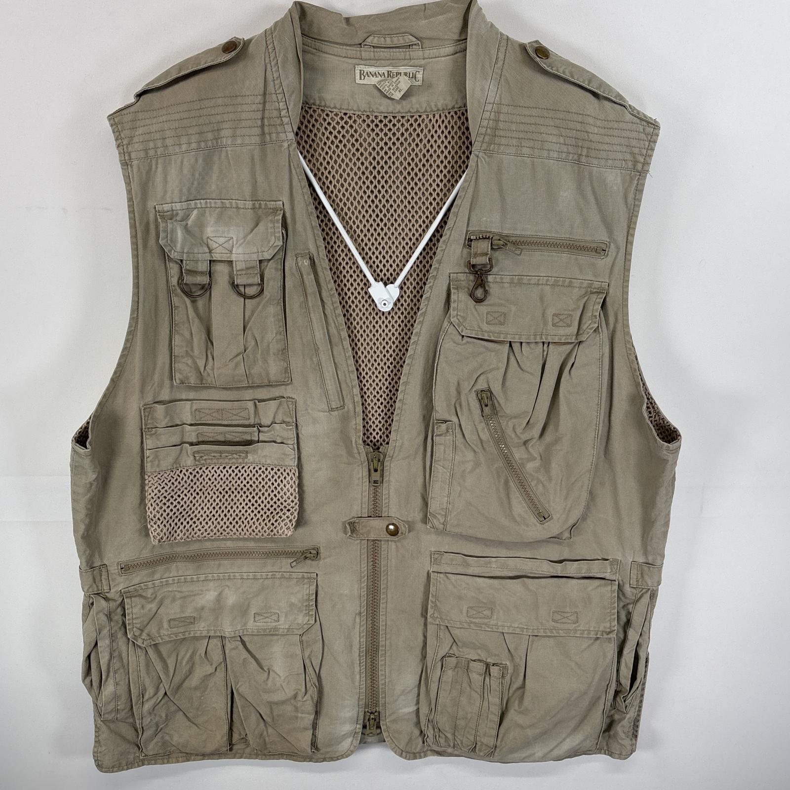 古着 80s/80年代 ヴィンテージ ベスト シースルー フラップポケ サファリベスト XL ベージュ 無地 メンズ
