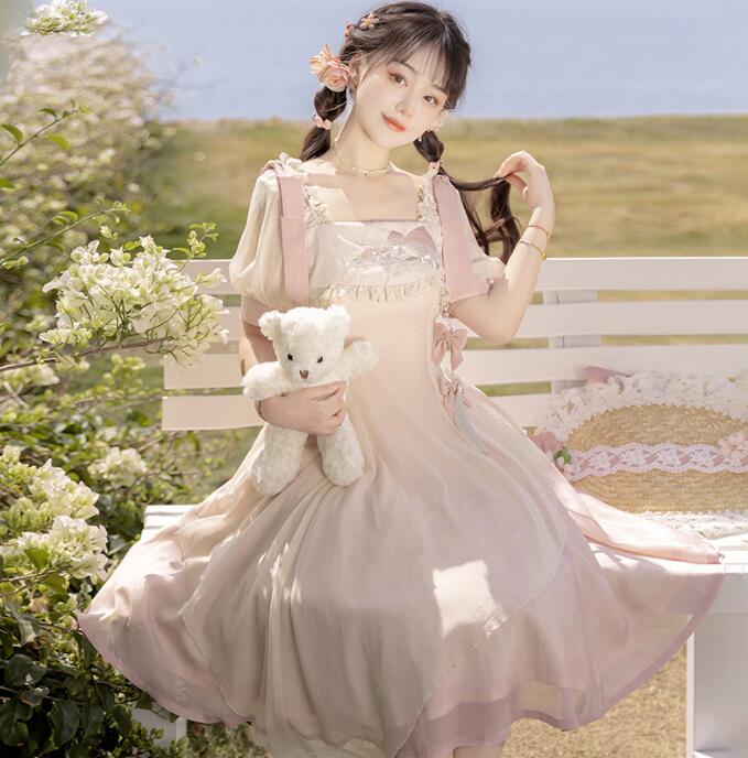 ピンク ロリータワンピース 半袖 ロリータ服 真珠付き リボン付き 可愛い ロリータドレス 膝丈 コスプレ衣装 花見 撮影衣装 イベント 学園祭 文化祭 コスチューム ピンク