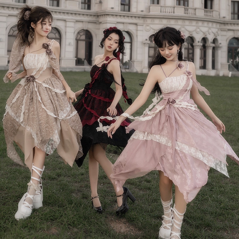 【3点セット】 ロリータワンピース キャミワンピース ロリータ衣装 jsk 全3色 不規則裾 付け袖付き 甘ロリ レース 原宿 可愛い ガーリー 春秋 S/M/L
