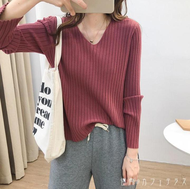 レディース トップス ニット Vネック リブ シンプル カジュアル きれいめ ベーシック 着回し 長袖 レッド ブラック 赤 黒 20代 30代 40代 通勤 通学 オフィス お出掛け 女子会 お呼ば
