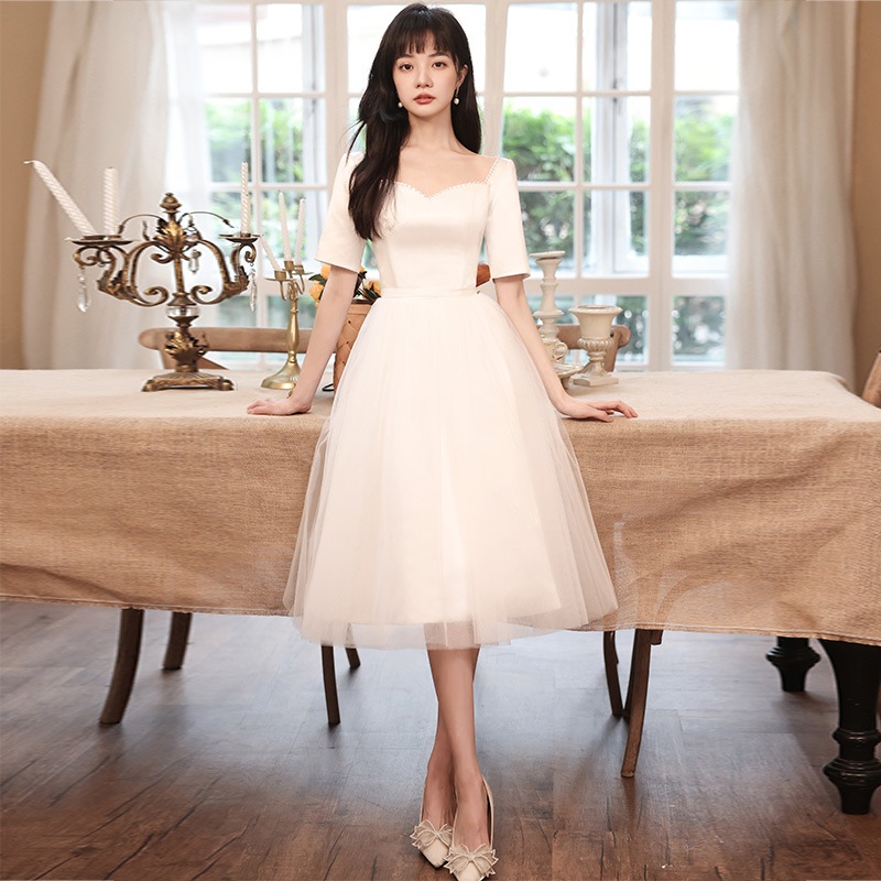 新品 ウェディグドレス カジュアル司会者 花嫁パーティドレス結婚式二次会ワンピース ミモレ丈 ミニドレス ドレス Size L Elegantfurniture Co Nz