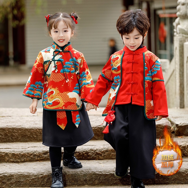 男の子と女の子の秋と冬唐スーツ2023年賀服プラスベルベットと厚みのある子供漢服風のお祝いの新しい服