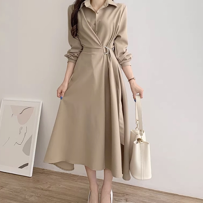 ワンピース フレアワンピース ミモレ丈 袖あり 長袖 Vネック レギュラーカラー フレア Aライン ベルト ウエストマーク 大人可愛い きれいめ 大人 上品 おしゃれ お洒落 大人女子 こなれ感