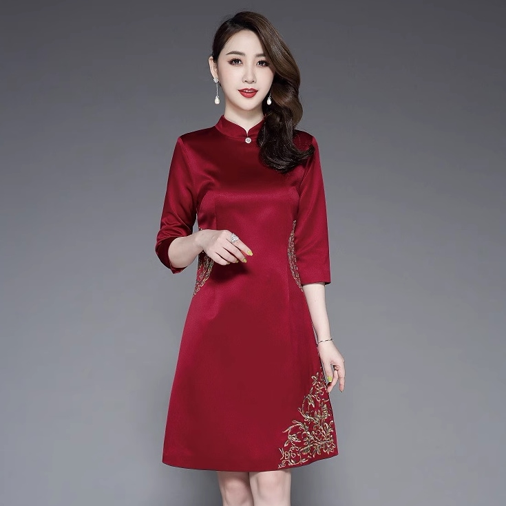 ドレス チャイナドレス パーティードレス 結婚式ドレス カラードレス 膝丈ドレス 舞台ドレス Aラインドレス 膝丈 ひざ丈 袖あり 7分袖 七分袖 襟なし スタンドカラー プリンセス 刺繍 ファスナー