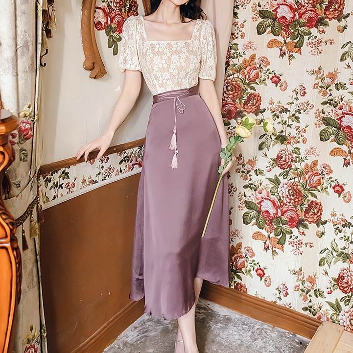 ドレス レディース パーティードレス ワンピドレス ドレスワンピース カジュアルドレス スマートカジュアル 切り替えデザイン ミモレ丈 レース ウエストリボン タッセル 細身 スリム スレンダー レト