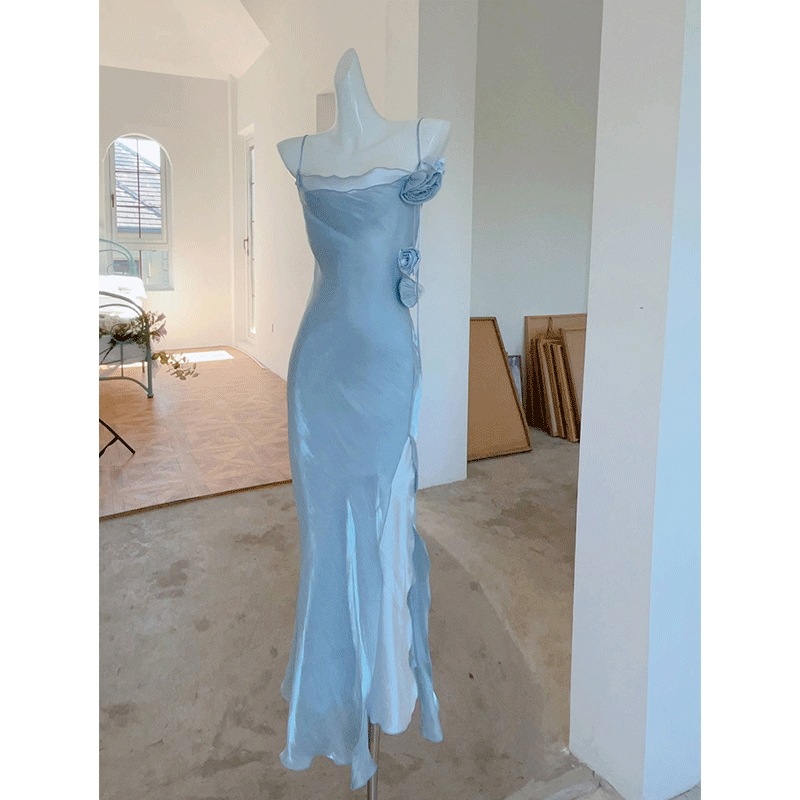 エレガントなフレンチドレスオートクチュールスイングネックダブルレイヤースプリットスリング婚約カクテルドレス