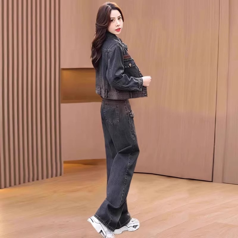 デニムスーツ女性の新しい春と秋のファッション年齢を減らしたファッションを組み合わせた今流行の高級コーデ