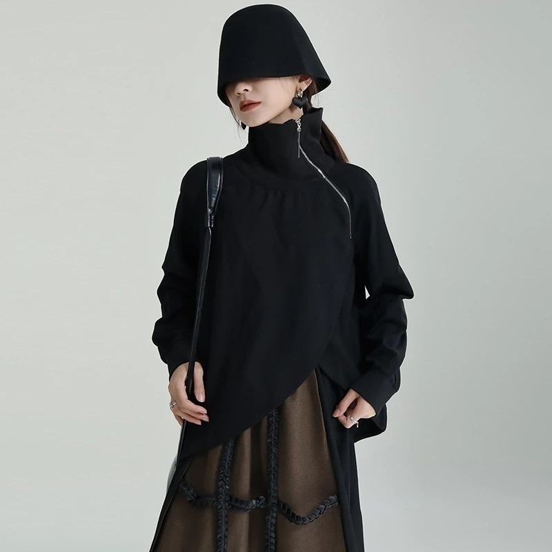 【J.Fashion】春の前にGET! タートルネック ファスナー 春秋 ブラウス 不規則デザイン ゆる レディース トップス カシミヤタッチ 長袖 日焼け止め オフィス 韓国 メガ割30%までに制限