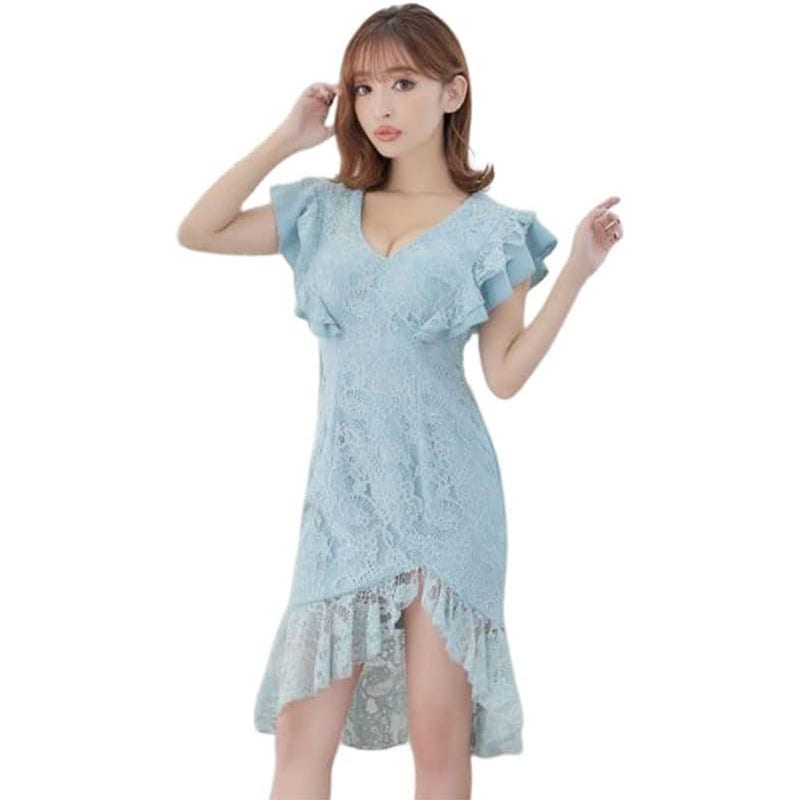 バストカット 総レース マーメイドライン ミディアム丈 フリル 背中隠し ワンピース 谷間魅せ スリット ミニドレス キャバドレス [1136]