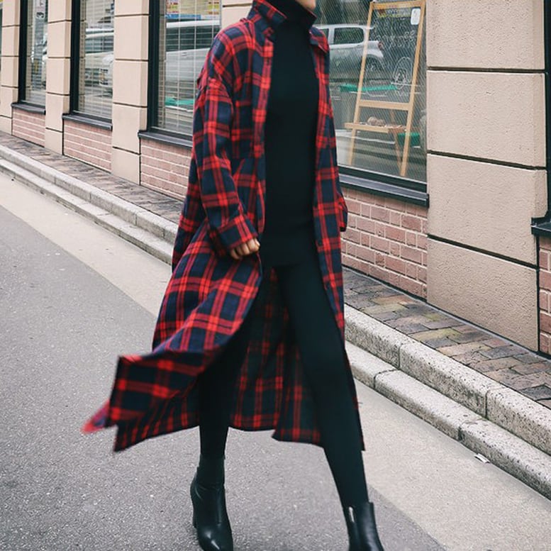 2color レディース チェック柄ロングシャツ ライトアウター 羽織り ワンピース シャツ
