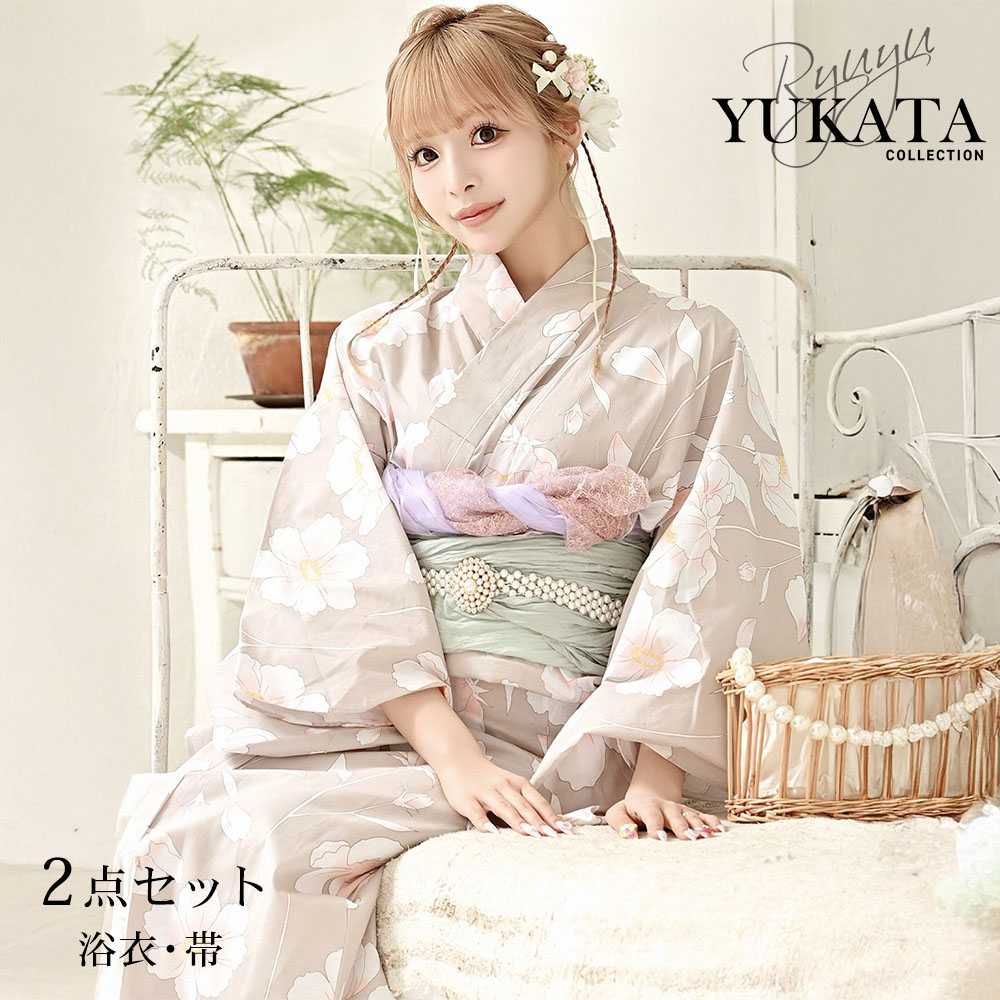 浴衣 ベージュ くすみカラー ギャル 花 椿 ピンクベージュ 上品 3点セット 今っぽい 人気 Ryuyu