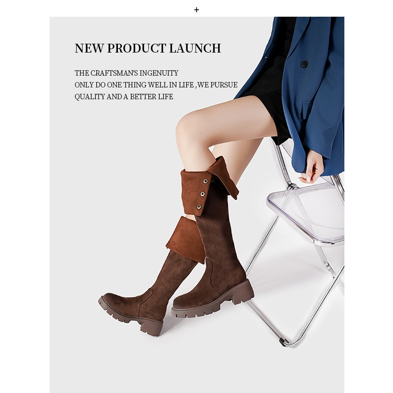 レトロメイラードスタイルオーバーザニーブーツ女性用2023年秋冬小型厚底大サーキットスリムブーツ