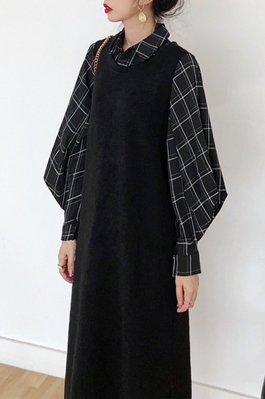 ワンピース フェイクツーピース シャツワンピース 大きいサイズ ミドル丈スカート 長袖 ポロカラー 格子縞 格子柄 通勤 ベルト ブラック 黒 冬 M L XL 2XL 3XL 4XL 膝下 袖あり