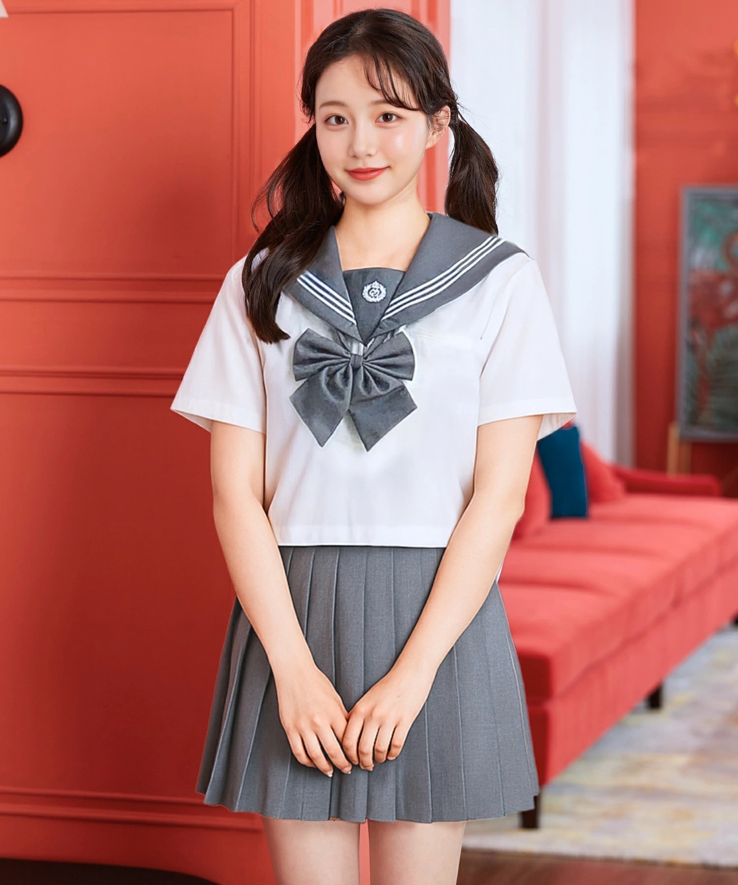 新品限時!優!惠! ハロウィン コスプレ 制服 セーラー服 半袖 大人 ブラウス クロップド丈 スカート リボン セット 3点セット S M L 2L ホワイト グレー 女子高生 高校生 中学生 学生