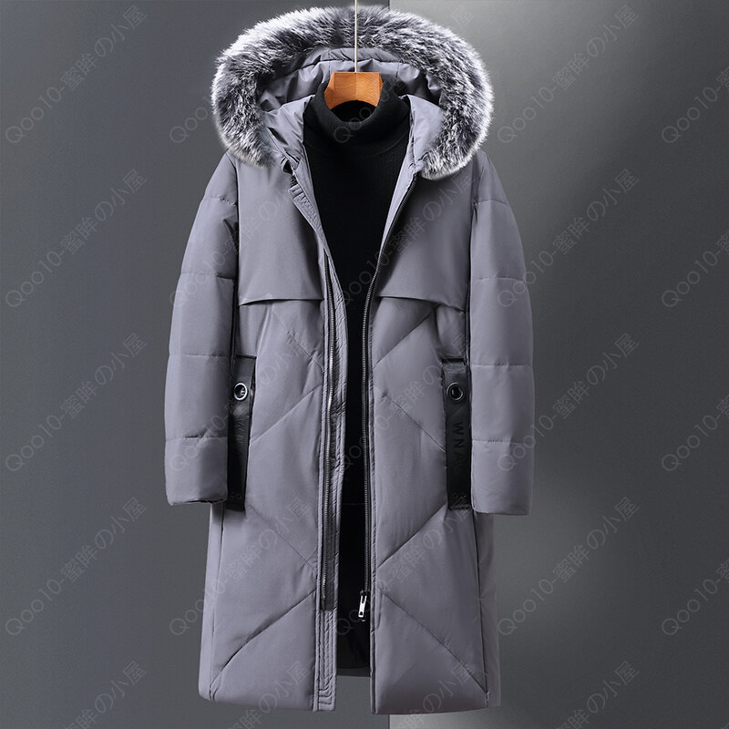 2022新型ダウンジャケット男性真毛襟白アヒル毛膝丈ロング メンズコートミディアム丈-18