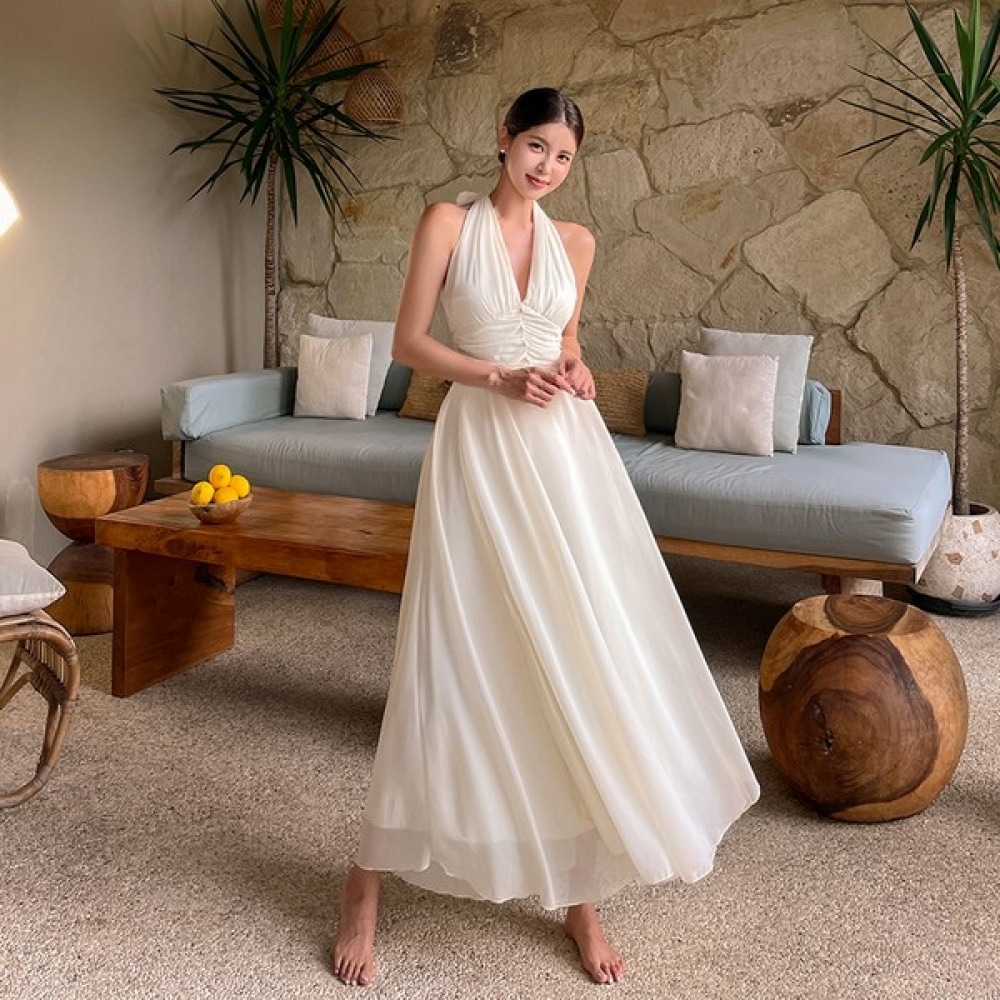 (Vivarup) グリニッジビーチドレス OP20068F アイボリーシフォンセルフウェディングホルターロングリボンバケーションルック