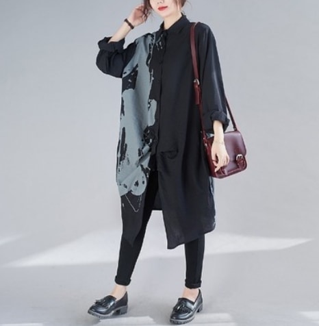 模様入り長袖ロングシャツ トップス ロング丈 袖あり 柄入り 個性的 ゆったり 長袖 爽やか 大人スタイル 大人可愛い きれいめ シンプル カジュアル 大人 上品 おしゃれ かっこいい レトロシャツ・ブラウス